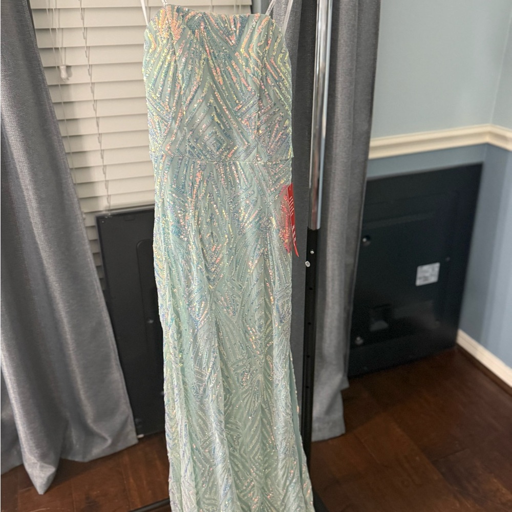 STRAPLESS IRIDESCENT GREEN SEQUIN LONG DRESS